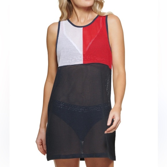 Tommy Hilfiger Mesh Swim Dress Cover Up Color Block Navy Blue Red White NWT - Picture 3 of 6